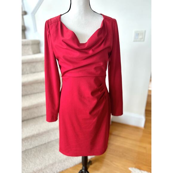 Kay Unger Red Drape Cowl Neck Draped Sheath Cocktail Dress - Picture 1 of 8